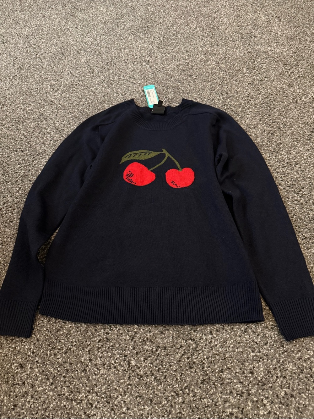 bobeau Navy Crewneck Sweater with Red Cherry Motif